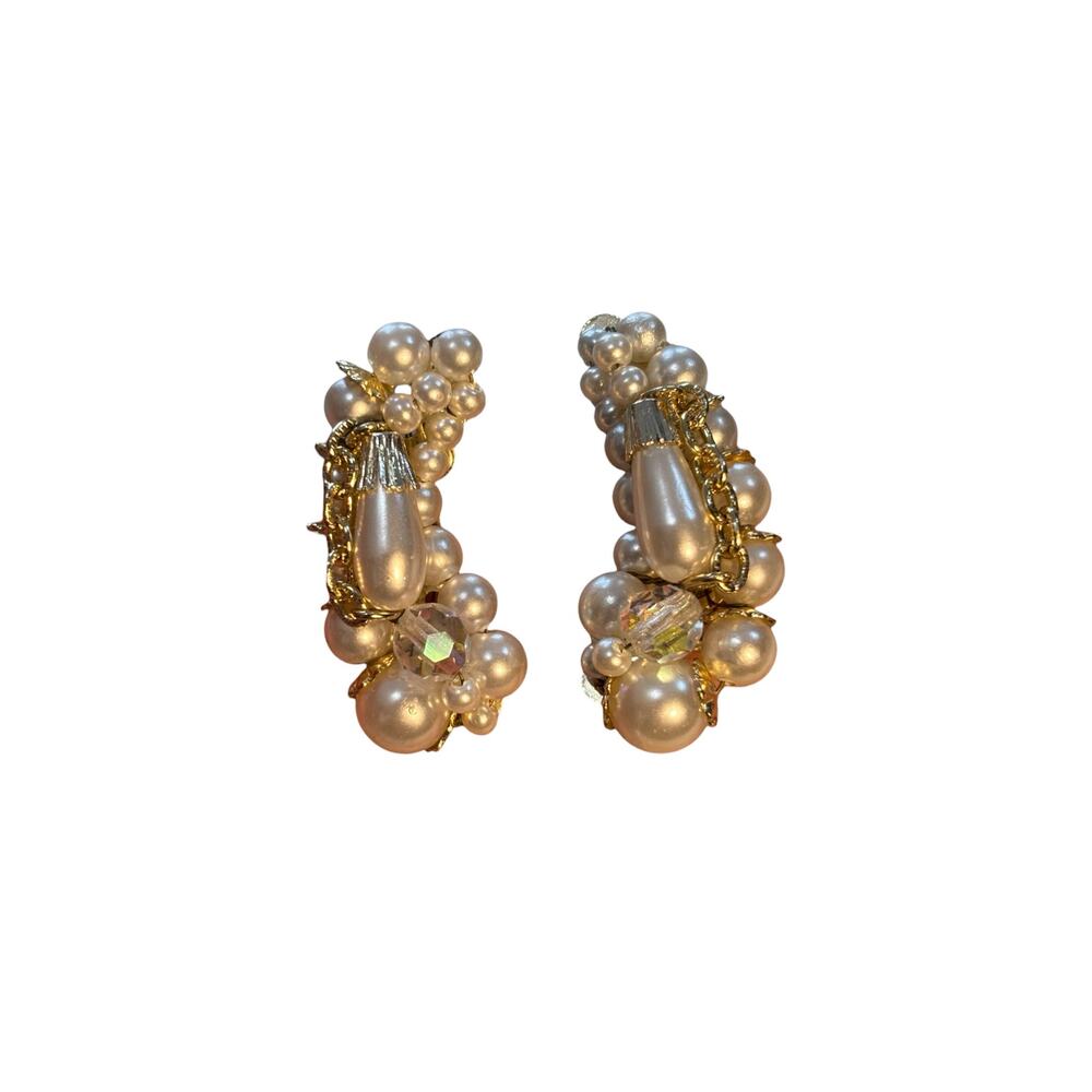 Vintage Japan Faux Pearl Cluster Clip Earrings Gold Tone Crystal Mid Century